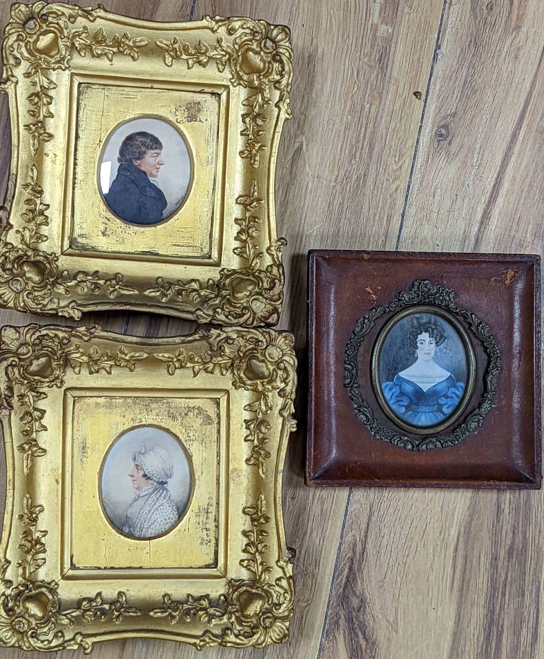 Albin Roberts Burt (1784-1842), pair of watercolour on paper miniatures, Portraits of a lady and gentleman, both signed, 6.5 x 5.5cm and an oil on ivory miniature